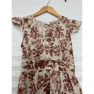 Lapogee Womens Floral Tiered Maxi Dress S Boho VNeck Flutter Sleeve Pom Pom Trim
